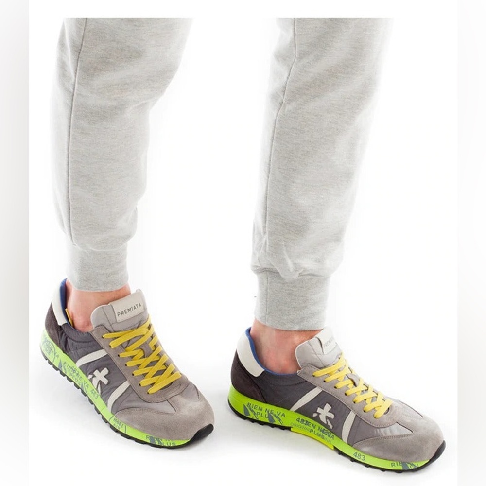 Premiata Men's Lucy Grey with Fluorescent Yellow details Sneakers Size 38 EU